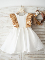 Blumenmädchen Kleider milchweiß Abendkleider für Hochzeit Satingewebe Kurzarm Prinzessin Hochzeit mit Rundkragen kleid blumenmädchen knielang