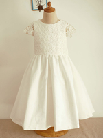 Blumenmädchen Kleider milchweiß Abendkleider für Hochzeit Satingewebe Kurzarm Prinzessin Hochzeit mit Rundkragen kleid blumenmädchen knielang