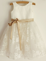 Blumenmädchen Kleider milchweiß Abendkleider für Hochzeit Satingewebe ärmellos Prinzessin Hochzeit mit Rundkragen kleid blumenmädchen knielang