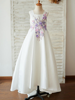Blumenmädchen Kleider milchweiß Abendkleider für Hochzeit Satingewebe ärmellos Prom- Hochzeit viereckiger Ausschnitt kleid blumenmädchen mit Schleppe