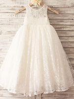 Blumenmädchen Kleider milchweiß Abendkleider für Hochzeit Spitze ärmellos Prinzessin Hochzeit mit Rundkragen kleid blumenmädchen bodenlang