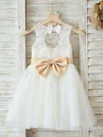 Blumenmädchen Kleider milchweiß Abendkleider für Hochzeit Tüll ärmellos Prinzessin Hochzeit mit Rundkragen kleid blumenmädchen knielang