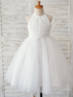 Blumenmädchen Kleider milchweiß Abendkleider für Hochzeit Tüll ärmellos Prinzessin Hochzeit mit Rundkragen kleid blumenmädchen knielang