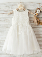 Blumenmädchen Kleider milchweiß Abendkleider für Hochzeit Tüll ärmellos Prinzessin Hochzeit mit Rundkragen kleid blumenmädchen knielang