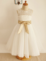 Blumenmädchen Kleider milchweiß Abendkleider für Hochzeit Tüll ärmellos Prinzessin Hochzeit mit Rundkragen kleid blumenmädchen knielang