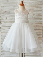 Blumenmädchen Kleider milchweiß Abendkleider für Hochzeit Tüll ärmellos Prinzessin Hochzeit mit Rundkragen kleid blumenmädchen knielang