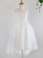 Blumenmädchen Kleider milchweiß Abendkleider für Hochzeit Tüll ärmellos Prinzessin Hochzeit mit Rundkragen und unsymmetrischem Design