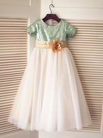 Blumenmädchen Kleider Mintgrün Abendkleider für Hochzeit mit Pailletten bestickt Kurzarm Prinzessin Hochzeit und Rundkragen bodenlang