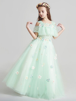 Blumenmädchen Kleider Pastellgrün Abendkleider für Hochzeit Organza Kurzarm Prinzessin Hochzeit mit Carmenausschnitt kleid blumenmädchen bodenlang