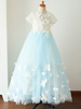 Blumenmädchen Kleider Prinzessin Babyblau Abendkleider für Hochzeit bodenlang mit Rundkragen Hochzeit Tüll Kurzarm kleid blumenmädchen Knöpfe