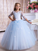 Blumenmädchen Kleider Prinzessin Babyblau Abendkleider für Hochzeit knöchellang mit Rundkragen Hochzeit Tüll 3/4 Ärmel kleid blumenmädchen