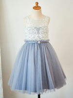 Blumenmädchen Kleider Prinzessin Blau Abendkleider für Hochzeit knielang mit Rundkragen Hochzeit Tüll ärmellos kleid blumenmädchen und Reißverschluss