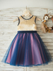 Blumenmädchen Kleider Prinzessin Blau Abendkleider für Hochzeit knielang mit Rundkragen Hochzeit Tüll ärmellos kleid blumenmädchen und Reißverschluss