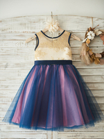 Blumenmädchen Kleider Prinzessin Blau Abendkleider für Hochzeit knielang mit Rundkragen Hochzeit Tüll ärmellos kleid blumenmädchen und Reißverschluss