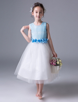 Blumenmädchen Kleider Prinzessin Blau Abendkleider für Hochzeit wadenlang mit Rundkragen Hochzeit gemischten Baumwollen ärmellos kleid blumenmädchen