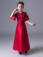 Blumenmädchen Kleider Prinzessin Burgunderrot Abendkleider für Hochzeit knöchellang mit Rundkragen Satingewebe 1/2 Ärmel kleid blumenmädchen