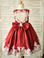 Blumenmädchen Kleider Prinzessin Burgunderrot Abendkleider für Hochzeit knielang mit Rundkragen Hochzeit Satingewebe ärmellos kleid blumenmädchen