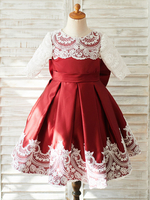Blumenmädchen Kleider Prinzessin Burgunderrot Abendkleider für Hochzeit knielang mit Rundkragen Satingewebe 1/2 Ärmel kleid blumenmädchen