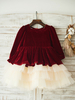 Blumenmädchen Kleider Prinzessin Burgunderrot Abendkleider für Hochzeit knielang viereckiger Ausschnitt Tüll Langarm kleid blumenmädchen