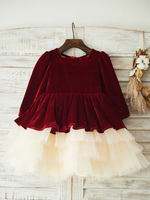 Blumenmädchen Kleider Prinzessin Burgunderrot Abendkleider für Hochzeit knielang viereckiger Ausschnitt Tüll Langarm kleid blumenmädchen