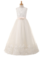 Blumenmädchen Kleider Prinzessin Champagner Abendkleider für Hochzeit bodenlang mit Rundkragen Satingewebe ärmellos kleid blumenmädchen
