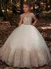 Blumenmädchen Kleider Prinzessin Champagner Abendkleider für Hochzeit bodenlang mit Rundkragen Tüll Kurzarm kleid blumenmädchen