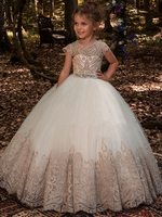 Blumenmädchen Kleider Prinzessin Champagner Abendkleider für Hochzeit bodenlang mit Rundkragen Tüll Kurzarm kleid blumenmädchen