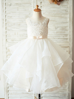 Blumenmädchen Kleider Prinzessin Champagner Abendkleider für Hochzeit knielang mit Rundkragen Hochzeit Organza ärmellos kleid blumenmädchen