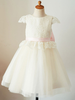 Blumenmädchen Kleider Prinzessin Champagner Abendkleider für Hochzeit knielang mit Rundkragen Hochzeit Tüll Kurzarm kleid blumenmädchen