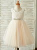 Blumenmädchen Kleider Prinzessin Champagner Abendkleider für Hochzeit knielang mit Rundkragen Hochzeit Tüll ärmellos kleid blumenmädchen
