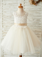 Blumenmädchen Kleider Prinzessin Champagner Abendkleider für Hochzeit knielang mit Rundkragen Hochzeit Tüll ärmellos kleid blumenmädchen