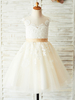 Blumenmädchen Kleider Prinzessin Champagner Abendkleider für Hochzeit knielang mit Rundkragen Hochzeit Tüll ärmellos kleid blumenmädchen