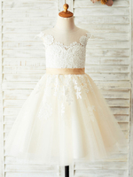 Blumenmädchen Kleider Prinzessin Champagner Abendkleider für Hochzeit knielang mit Rundkragen Hochzeit Tüll ärmellos kleid blumenmädchen