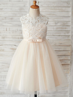 Blumenmädchen Kleider Prinzessin Champagner Abendkleider für Hochzeit knielang mit Rundkragen Hochzeit Tüll ärmellos kleid blumenmädchen