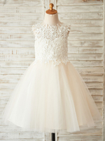 Blumenmädchen Kleider Prinzessin Champagner Abendkleider für Hochzeit knielang mit Rundkragen Hochzeit Tüll ärmellos kleid blumenmädchen