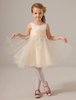 Blumenmädchen Kleider Prinzessin Champagner Abendkleider für Hochzeit knielang mit Rundkragen Organza ärmellos kleid blumenmädchen