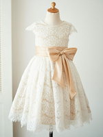 Blumenmädchen Kleider Prinzessin Champagner Abendkleider für Hochzeit knielang mit Rundkragen Satingewebe Kurzarm kleid blumenmädchen