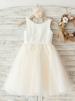 Blumenmädchen Kleider Prinzessin Champagner Abendkleider für Hochzeit knielang mit Rundkragen Satingewebe ärmellos kleid blumenmädchen