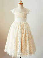 Blumenmädchen Kleider Prinzessin Champagner Abendkleider für Hochzeit knielang mit Rundkragen Spitze Kurzarm kleid blumenmädchen