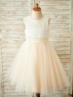 Blumenmädchen Kleider Prinzessin Champagner Abendkleider für Hochzeit knielang mit Rundkragen Tüll ärmellos kleid blumenmädchen