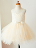 Blumenmädchen Kleider Prinzessin Champagner Abendkleider für Hochzeit knielang mit Rundkragen Tüll ärmellos kleid blumenmädchen