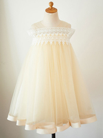 Blumenmädchen Kleider Prinzessin Champagner Abendkleider für Hochzeit knielang mit Rundkragen Tüll ärmellos kleid blumenmädchen