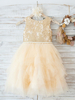Blumenmädchen Kleider Prinzessin Champagner Abendkleider für Hochzeit knielang mit Rundkragen Tüll ärmellos kleid blumenmädchen