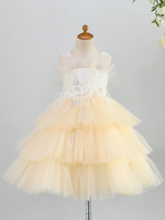 Blumenmädchen Kleider Prinzessin Champagner Abendkleider für Hochzeit knielang mit Rundkragen Tüll ärmellos kleid blumenmädchen