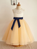 Blumenmädchen Kleider Prinzessin Champagner Abendkleider für Hochzeit knielang mit Rundkragen Tüll ärmellos kleid blumenmädchen