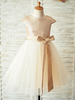 Blumenmädchen Kleider Prinzessin Champagner Abendkleider für Hochzeit knielang mit Rundkragen und Pailletten bestickt Kurzarm