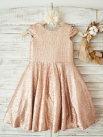 Blumenmädchen Kleider Prinzessin Champagner Abendkleider für Hochzeit knielang mit Rundkragen und Pailletten bestickt Kurzarm