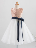 Blumenmädchen Kleider Prinzessin Champagner Abendkleider für Hochzeit knielang mit Rundkragen und Pailletten bestickt ärmellos