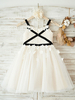Blumenmädchen Kleider Prinzessin Champagner Abendkleider für Hochzeit knielang viereckiger Ausschnitt Tüll ärmellos kleid blumenmädchen
