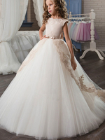 Blumenmädchen Kleider Prinzessin Champagner Abendkleider für Hochzeit mit Schleppe und Rundkragen Satingewebe ärmellos kleid blumenmädchen